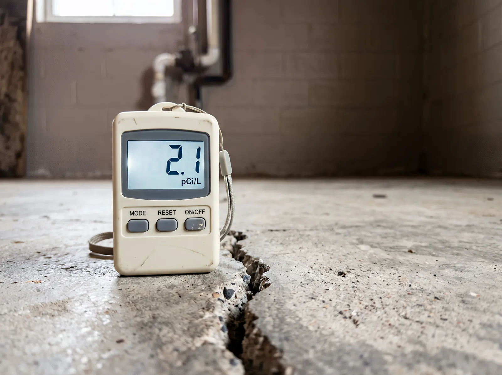 Digital continuous radon monitor showing a reading of 2.1 pCi/L on a basement floor in Erie, PA