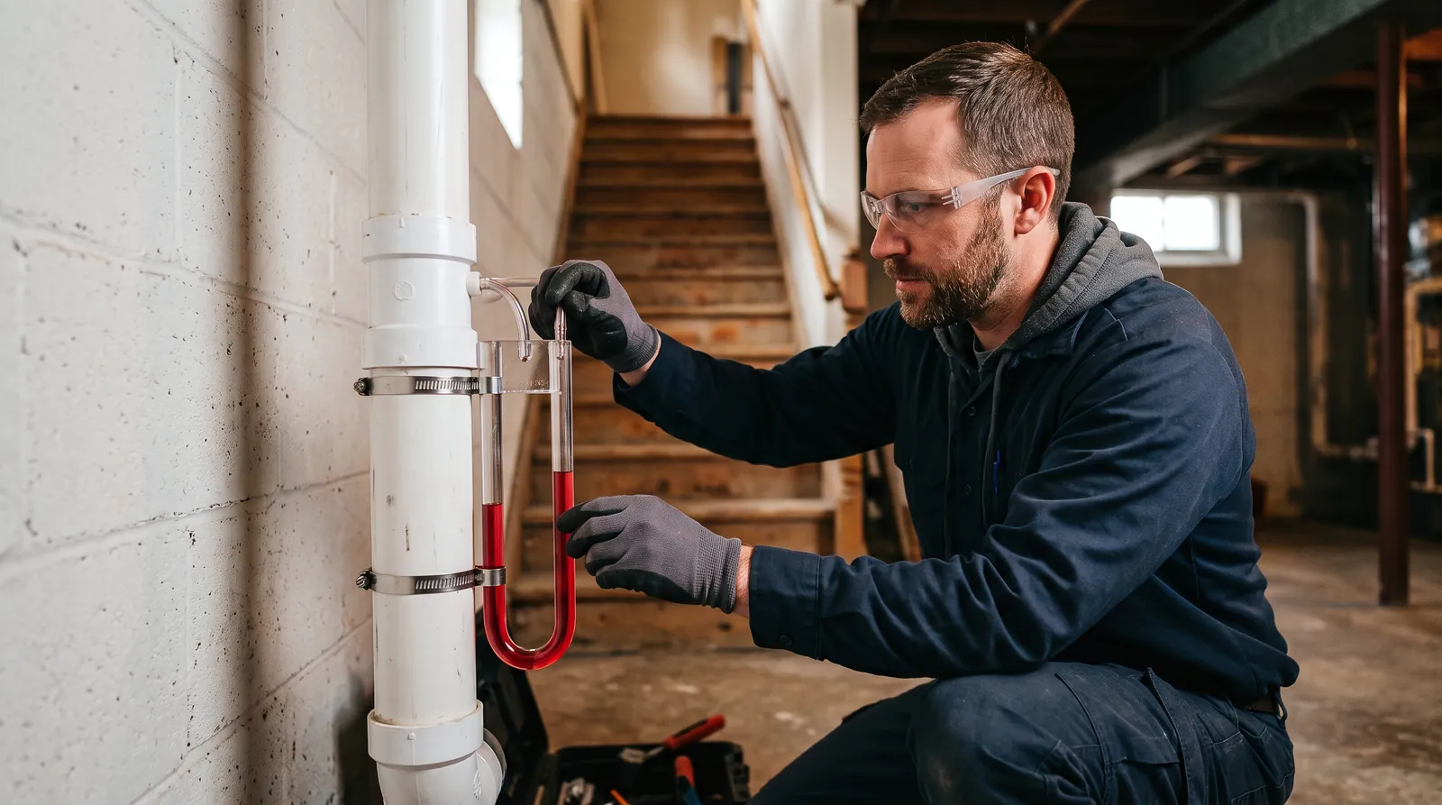 Technician checking the U-tube manometer on a radon mitigation system pipe in an Erie, PA basement